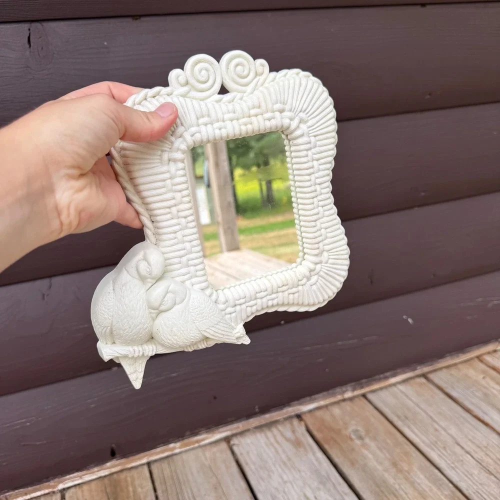 Vintage Homco Lovebird Wall Mirrors Set of 2 White Faux Wicker  Decor